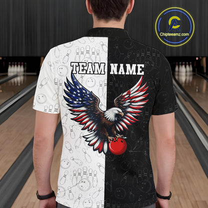 Black & White Bowling Shirt for Men Custom American Flag Eagle Bowling Team Jersey QZT1256