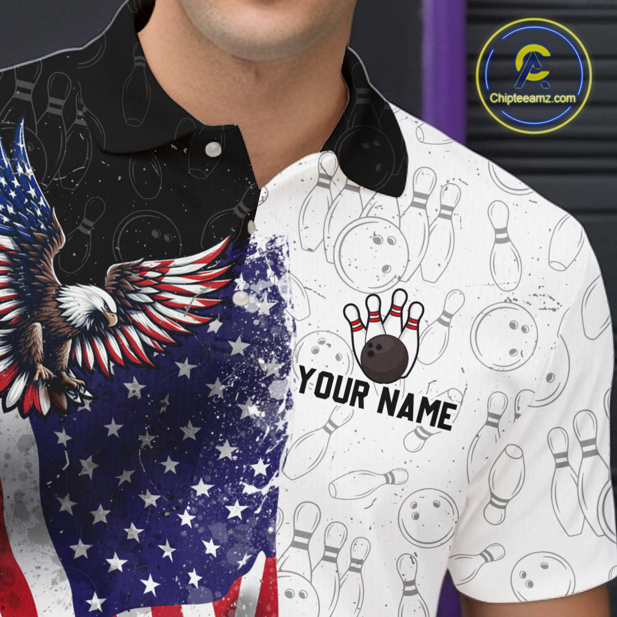 Black & White Bowling Shirt for Men Custom American Flag Eagle Bowling Team Jersey QZT1256