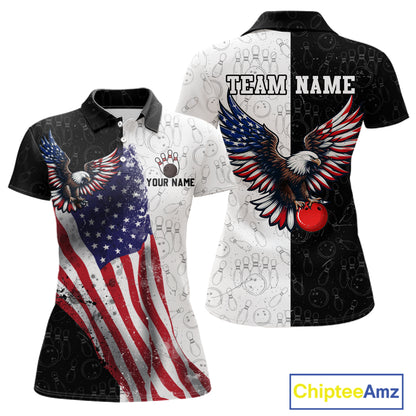 Black & White Bowling Shirt for Women Custom American Flag Eagle Bowling Team Jersey QZT1256