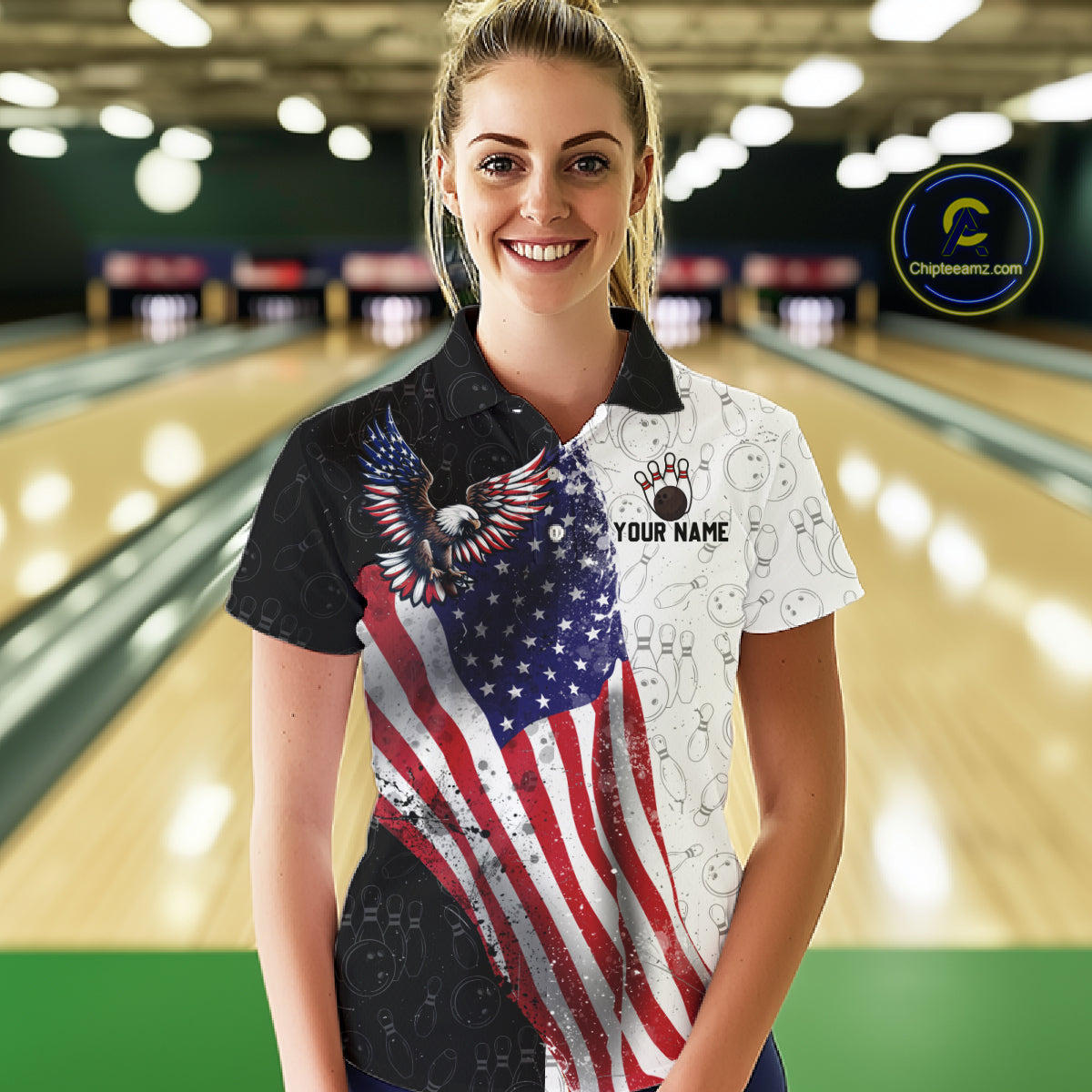 Black & White Bowling Shirt for Women Custom American Flag Eagle Bowling Team Jersey QZT1256
