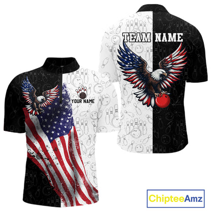 Black & White Bowling Shirt for Men Custom American Flag Eagle Bowling Team Jersey QZT1256