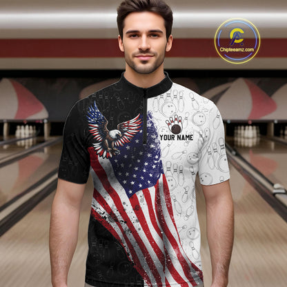 Black & White Bowling Shirt for Men Custom American Flag Eagle Bowling Team Jersey QZT1256