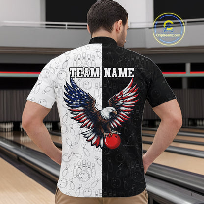 Black & White Bowling Shirt for Men Custom American Flag Eagle Bowling Team Jersey QZT1256