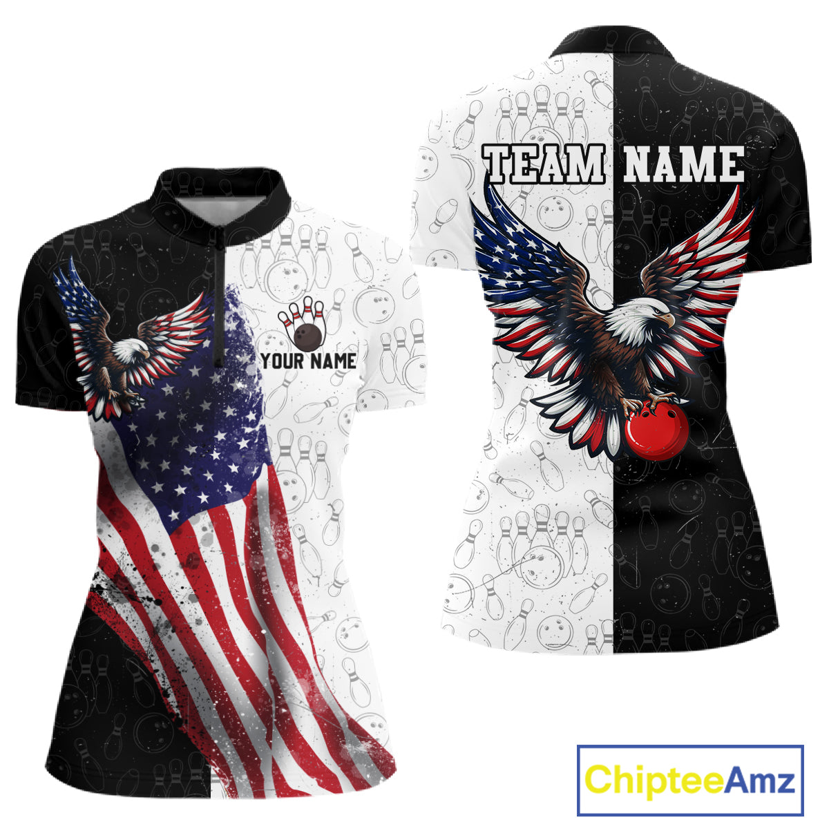 Black & White Bowling Shirt for Women Custom American Flag Eagle Bowling Team Jersey QZT1256