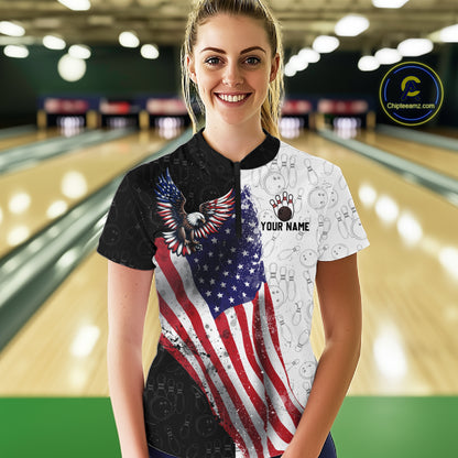 Black & White Bowling Shirt for Women Custom American Flag Eagle Bowling Team Jersey QZT1256
