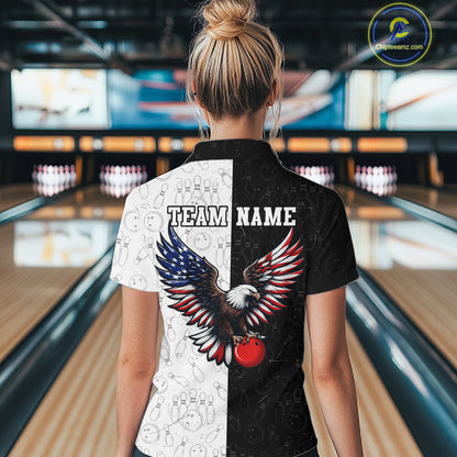 Black & White Bowling Shirt for Women Custom American Flag Eagle Bowling Team Jersey QZT1256