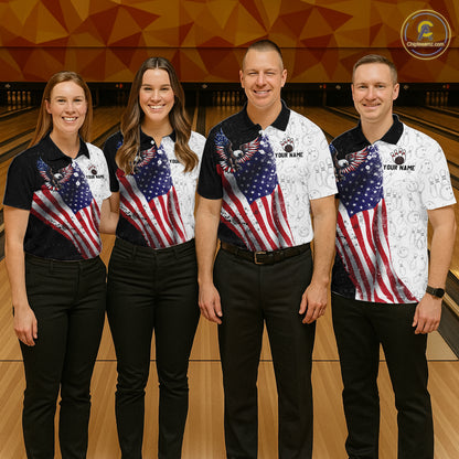 Black & White Bowling Shirt for Men Custom American Flag Eagle Bowling Team Jersey QZT1256
