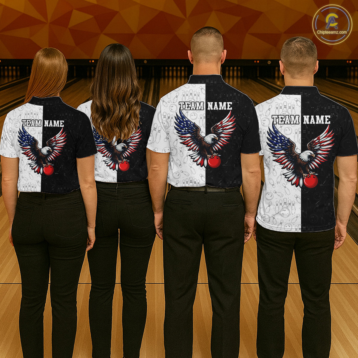 Black & White Bowling Shirt for Men Custom American Flag Eagle Bowling Team Jersey QZT1256