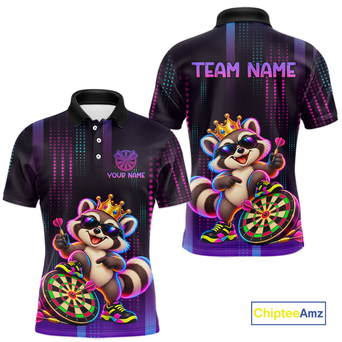 Custom Funny Raccoon Darts Shirt for Men Neon Crown Dart League Jersey Polo & Quarter-Zip DHT81