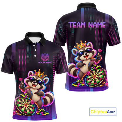 Custom Funny Raccoon Darts Shirt for Men Neon Crown Dart League Jersey Polo & Quarter-Zip DHT81