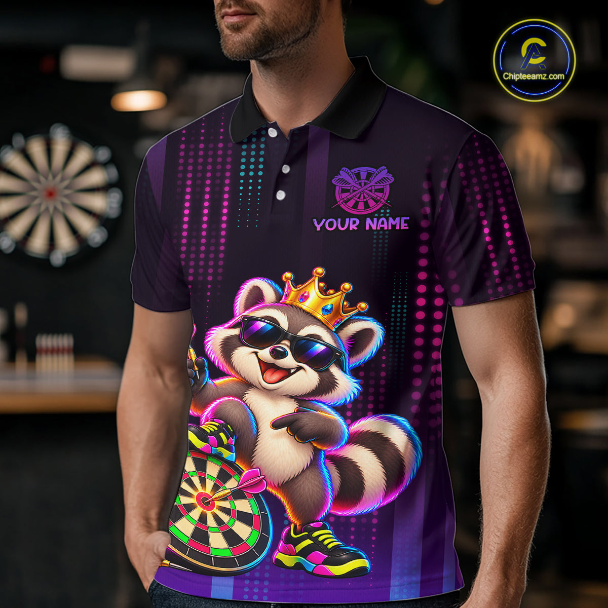 Custom Funny Raccoon Darts Shirt for Men Neon Crown Dart League Jersey Polo & Quarter-Zip DHT81