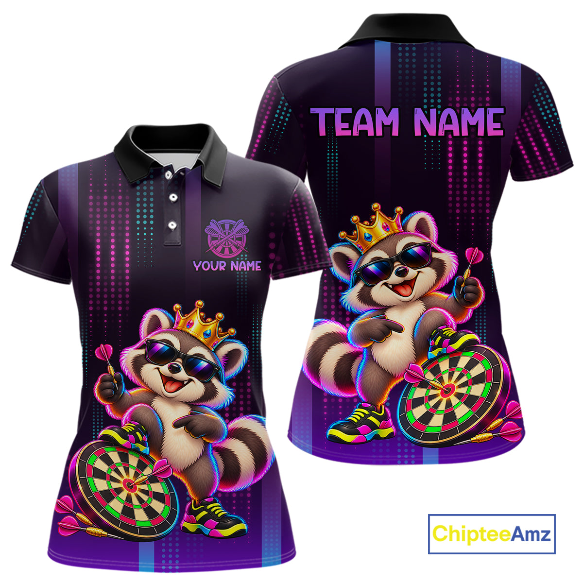 Custom Funny Raccoon Darts Shirt for Women Neon Crown Dart League Jersey Polo & Quarter-Zip DHT81
