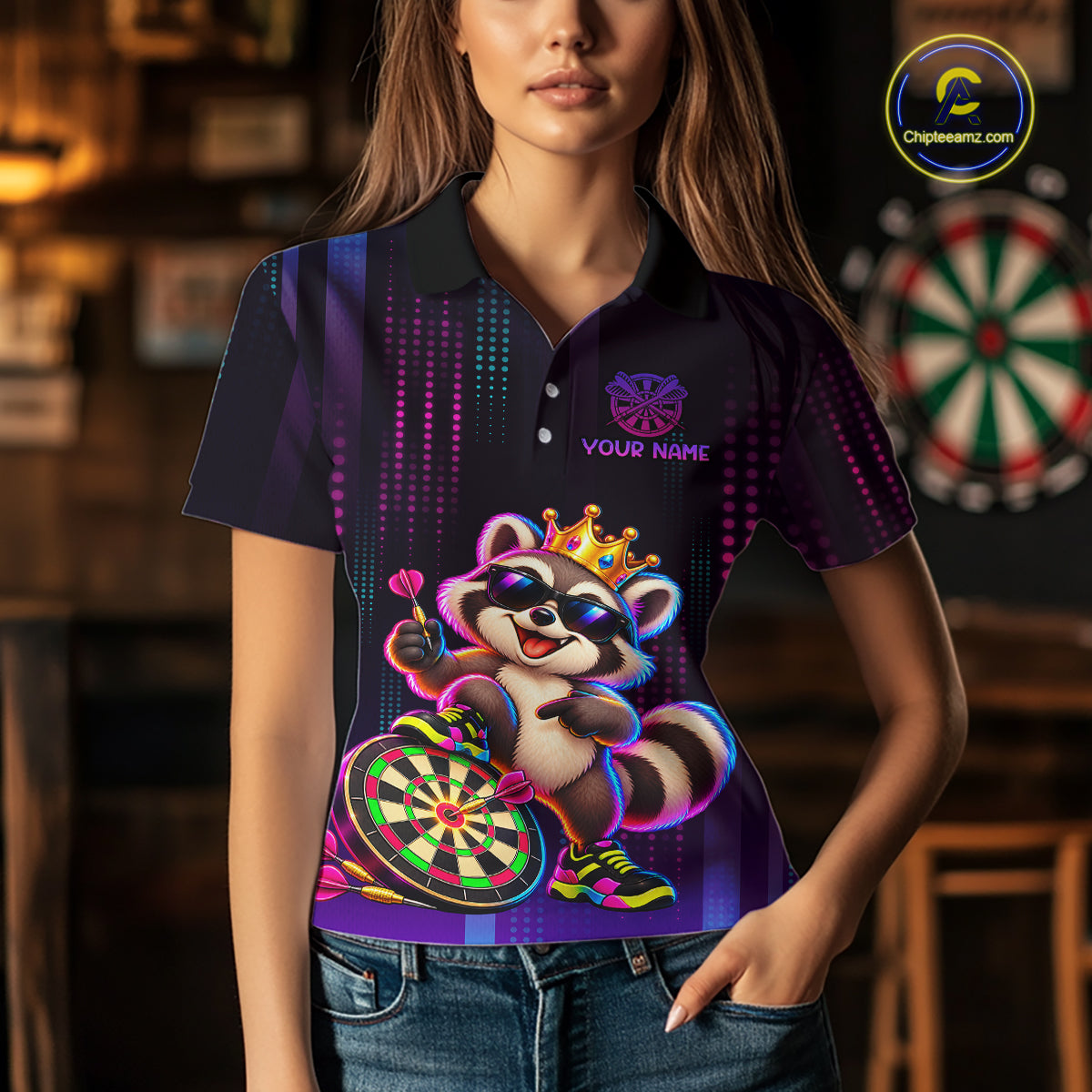 Custom Funny Raccoon Darts Shirt for Women Neon Crown Dart League Jersey Polo & Quarter-Zip DHT81