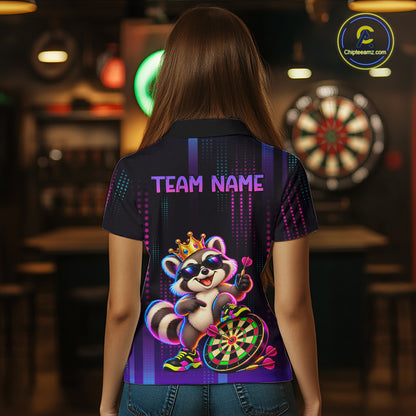 Custom Funny Raccoon Darts Shirt for Women Neon Crown Dart League Jersey Polo & Quarter-Zip DHT81
