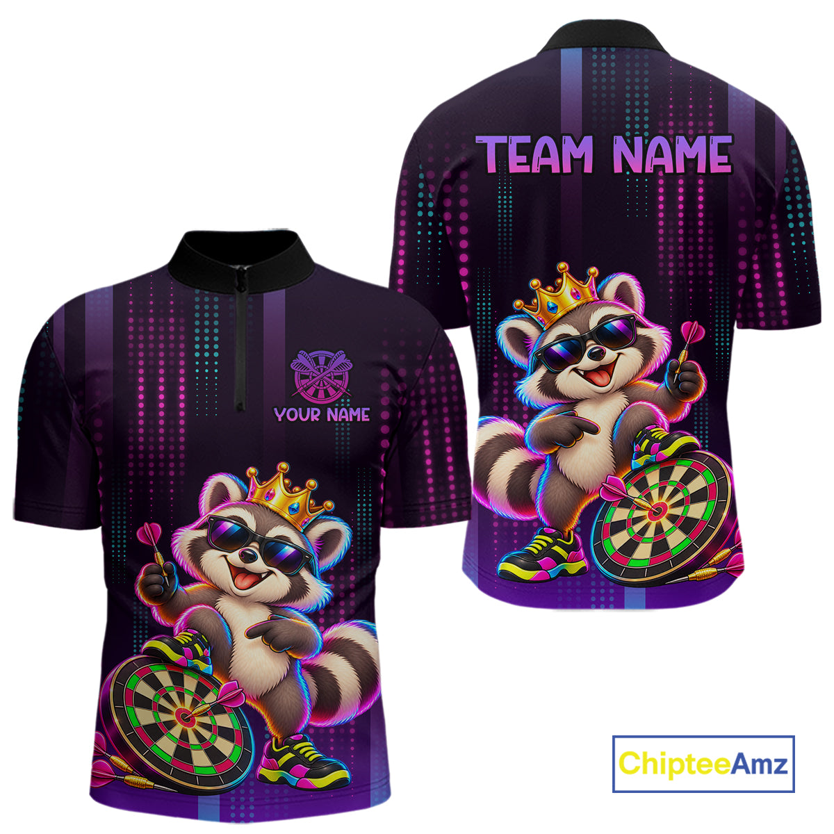 Custom Funny Raccoon Darts Shirt for Men Neon Crown Dart League Jersey Polo & Quarter-Zip DHT81