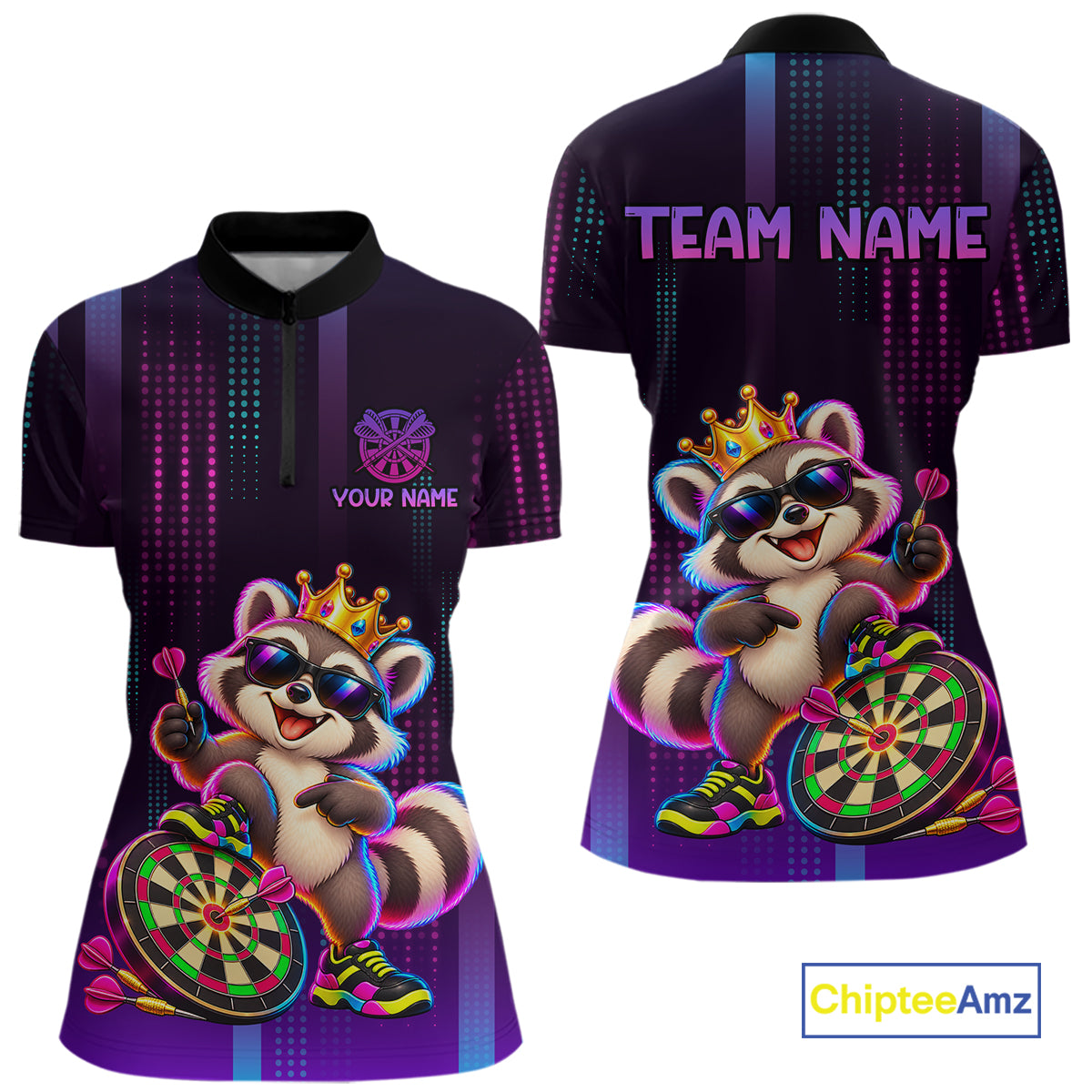 Custom Funny Raccoon Darts Shirt for Women Neon Crown Dart League Jersey Polo & Quarter-Zip DHT81
