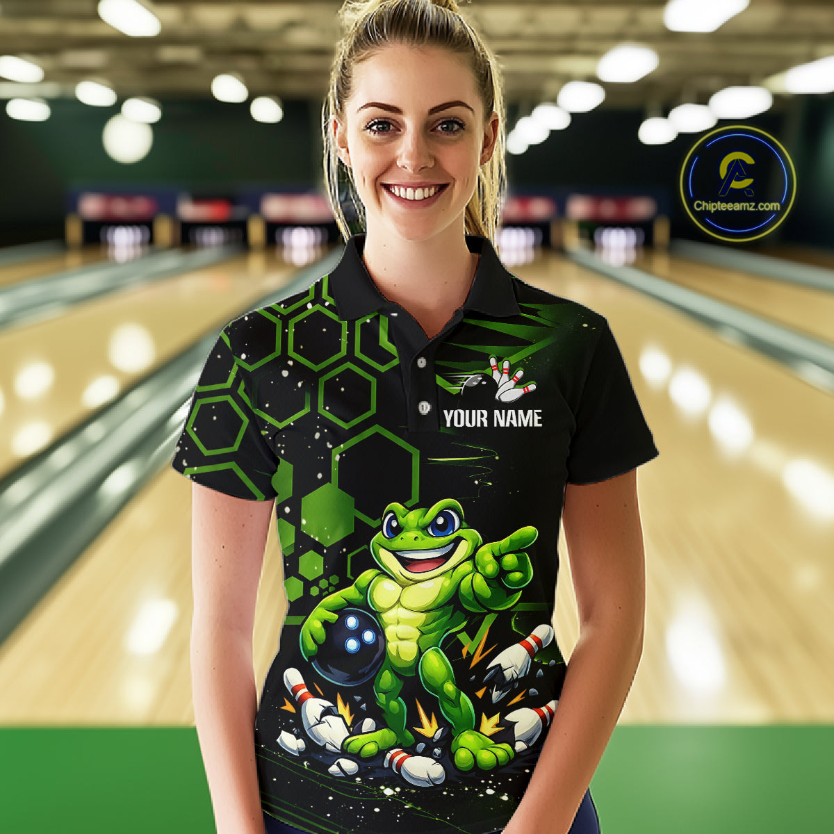 Custom Funny Green Frog Bowling Team Jersey Ugly Bowling Shirt for Women Polo & 1/4-Zip QZT844
