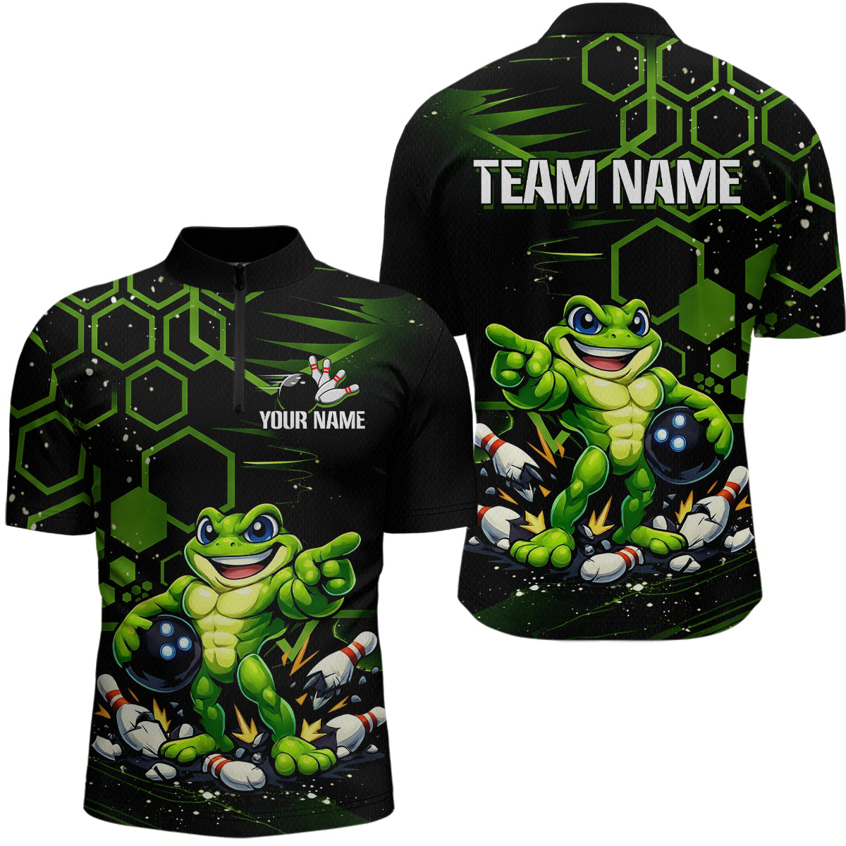 Custom Funny Green Frog Bowling Team Jersey Ugly Bowling Shirt for Men Polo & Quarter-Zip QZT844