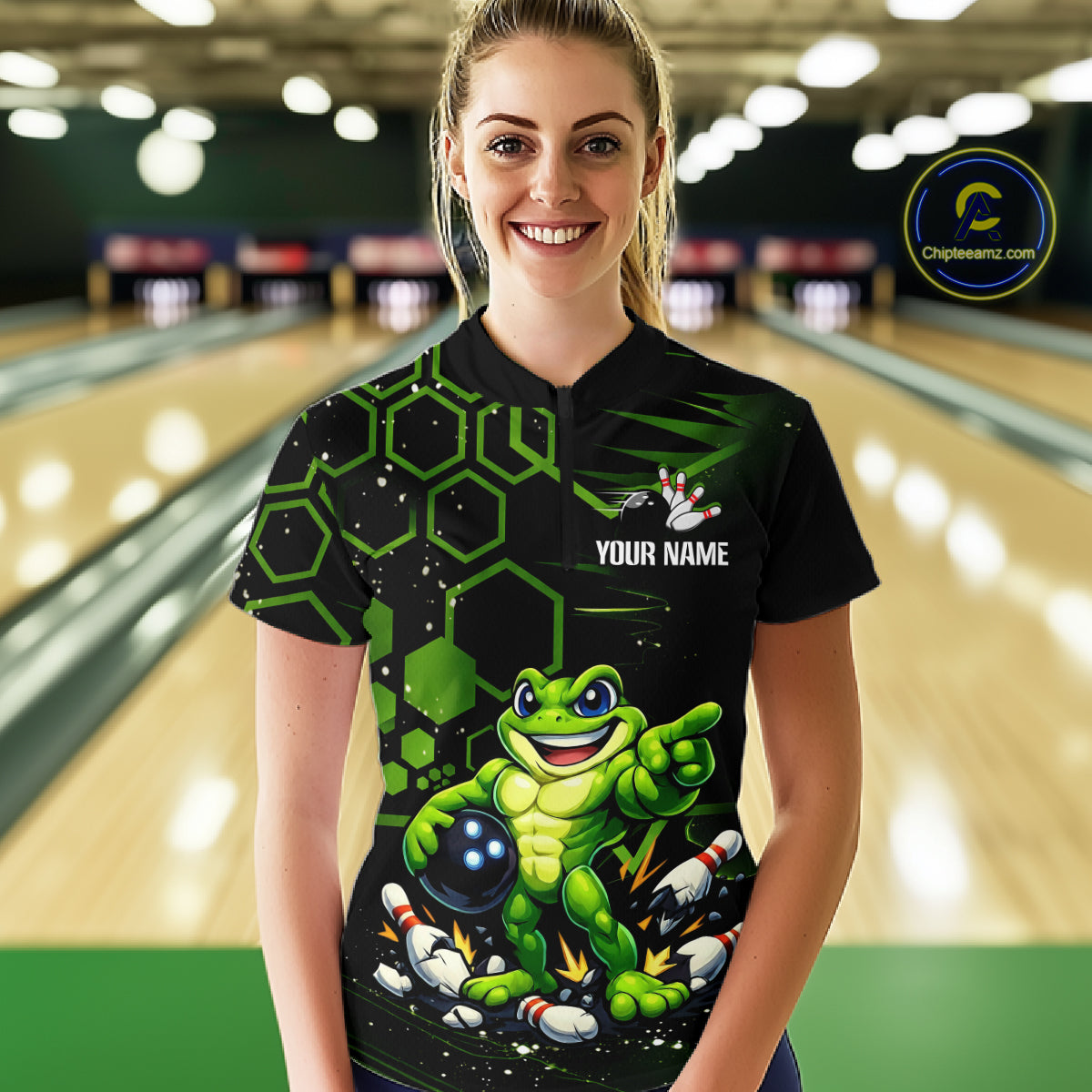 Custom Funny Green Frog Bowling Team Jersey Ugly Bowling Shirt for Women Polo & 1/4-Zip QZT844