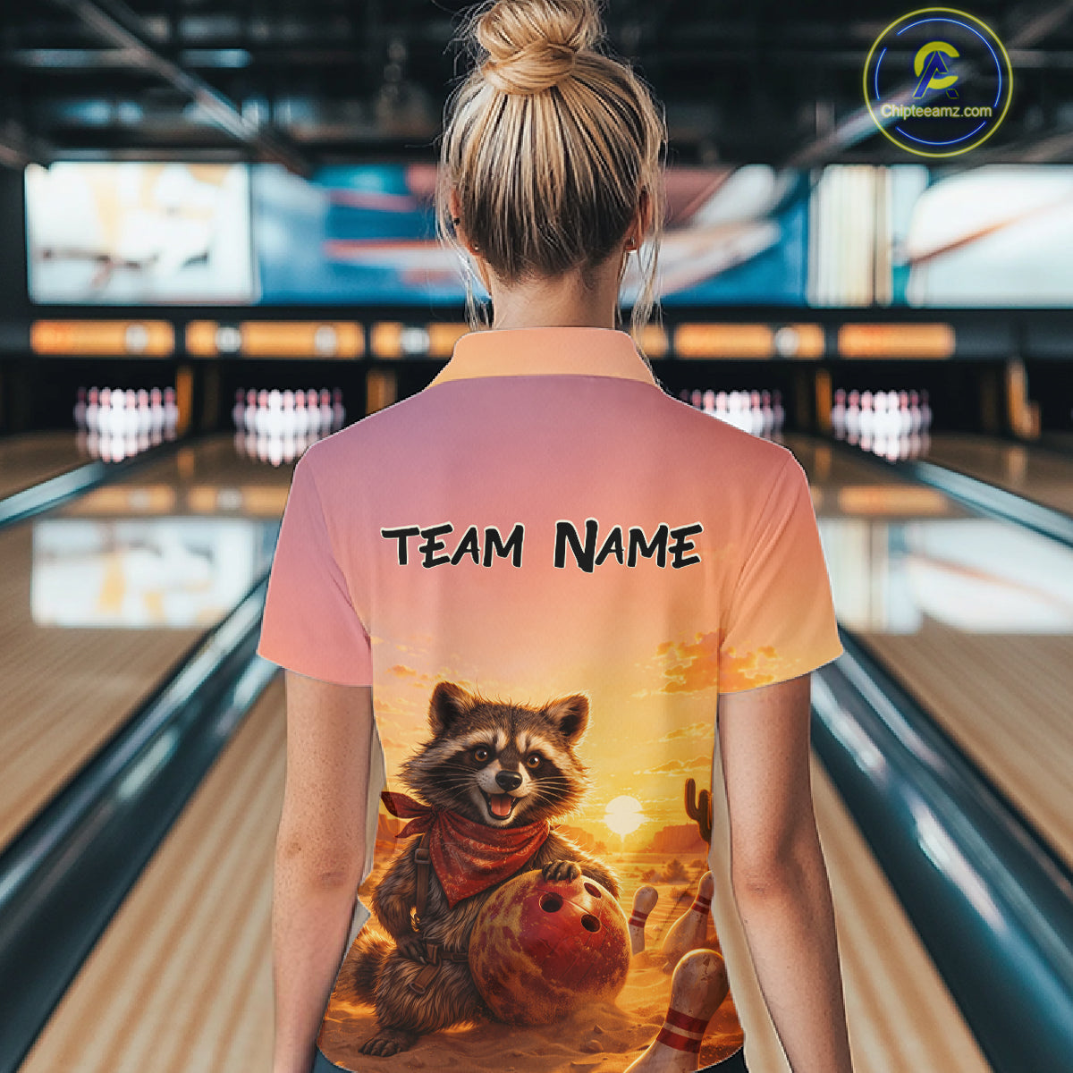 Custom Sunset Raccoon Bowling Team Shirt for Women Bowling Jesey Polo & Quarter-Zip QZT977