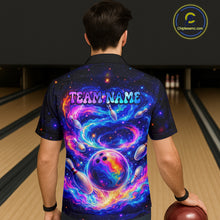 Load image into Gallery viewer, Person wearing a colorful bowling shirt with a galaxy design and 'TEAM NAME' text, standing on a bowling lane.