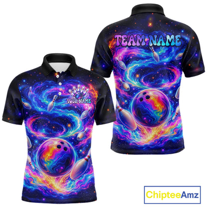 Colorful bowling-themed polo shirt with 'Team Name' and 'Your Name' text on a white background.