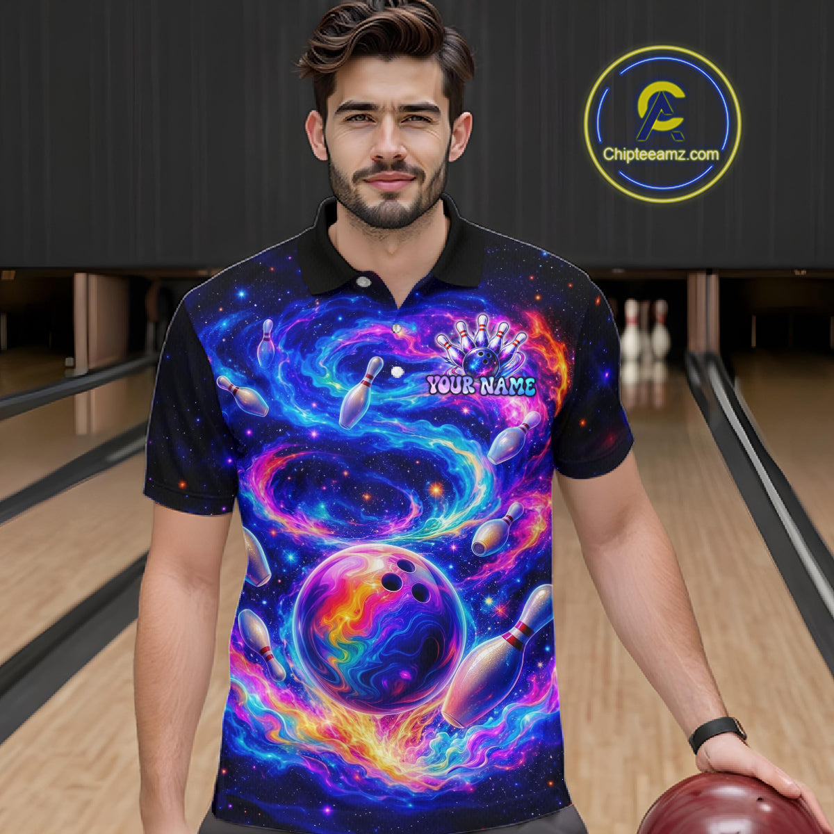 Man wearing a colorful bowling-themed shirt with a bowling alley in the background
