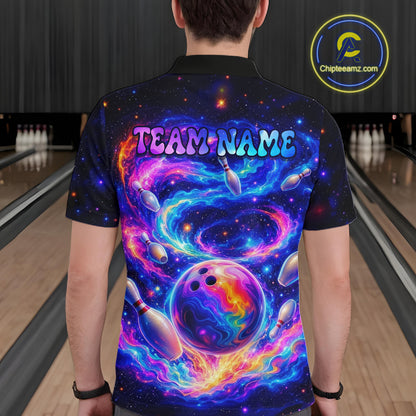 Person wearing a colorful bowling shirt with 'TEAM NAME' text in a bowling alley.