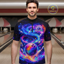 Load image into Gallery viewer, Man wearing a colorful bowling-themed shirt with a bowling alley in the background