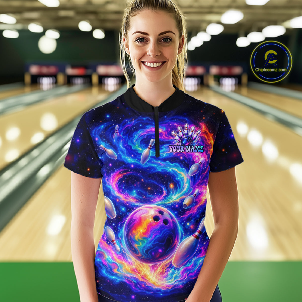 Person wearing a colorful bowling shirt with a bowling-themed design in a bowling alley.