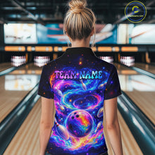 Load image into Gallery viewer, Person wearing a colorful bowling shirt with 'TEAM NAME' text in a bowling alley.