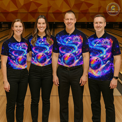 Four people wearing colorful bowling shirts in a bowling alley.