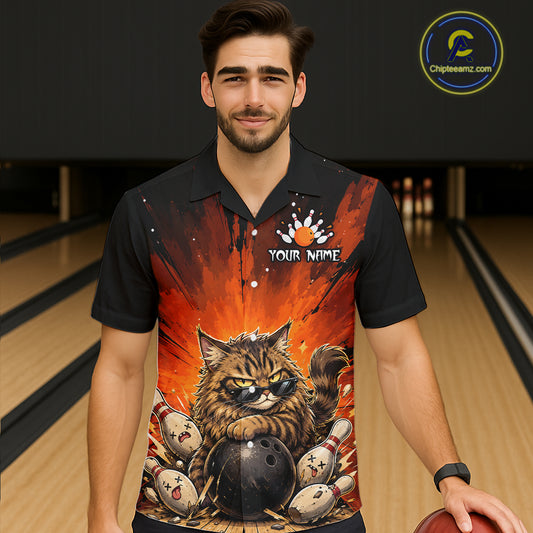 Custom Orange Funny Cat Bowling Hawaiian Shirt for Men Women Bowling Team League Outfit QZT1127
