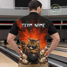 Load image into Gallery viewer, Person wearing a bowling-themed shirt with a cat design in a bowling alley.