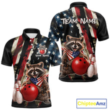 Load image into Gallery viewer, Custom American Flag Raccoon Bowling Shirts for Men Patriotic Bowling League Jersey Outfit QZT1128