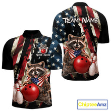 Load image into Gallery viewer, Custom American Flag Raccoon Bowling Shirts for Men Patriotic Bowling League Jersey Outfit QZT1128