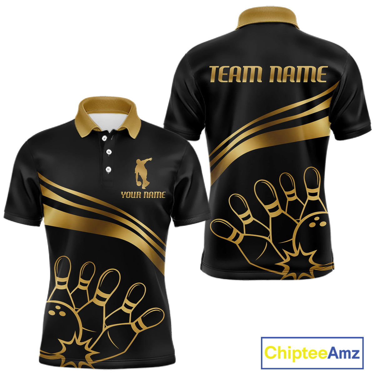 Black & Gold Bowling Ball Pins Custom Bowling Team Shirt Polo & Quarter-Zip Bowling Jersey QZT1260