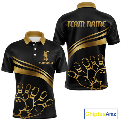 Black & Gold Bowling Ball Pins Custom Bowling Team Shirt Polo & Quarter-Zip Bowling Jersey QZT1260