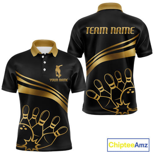 Black & Gold Bowling Ball Pins Custom Bowling Team Shirt Polo & Quarter-Zip Bowling Jersey QZT1260