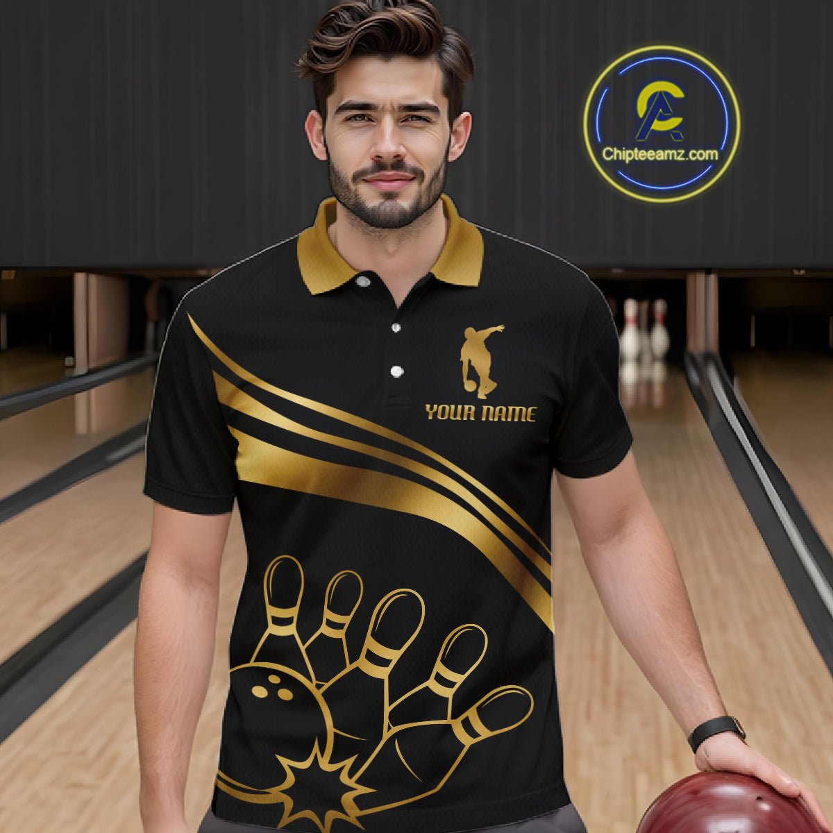 Black & Gold Bowling Ball Pins Custom Bowling Team Shirt Polo & Quarter-Zip Bowling Jersey QZT1260