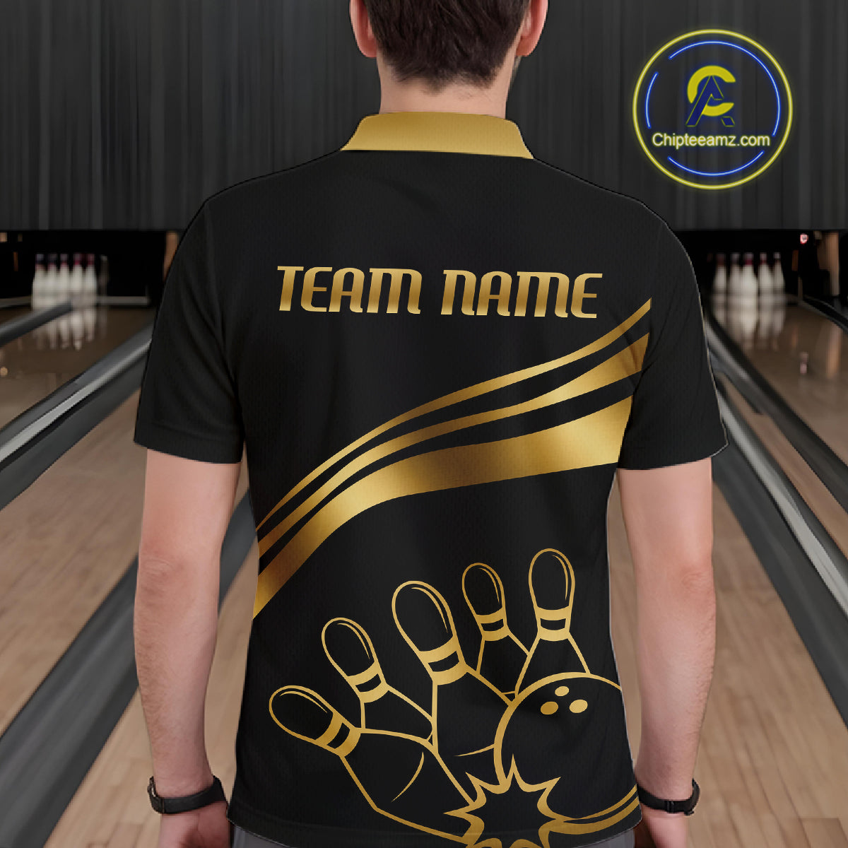 Black & Gold Bowling Ball Pins Custom Bowling Team Shirt Polo & Quarter-Zip Bowling Jersey QZT1260