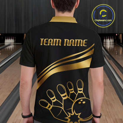 Black & Gold Bowling Ball Pins Custom Bowling Team Shirt Polo & Quarter-Zip Bowling Jersey QZT1260
