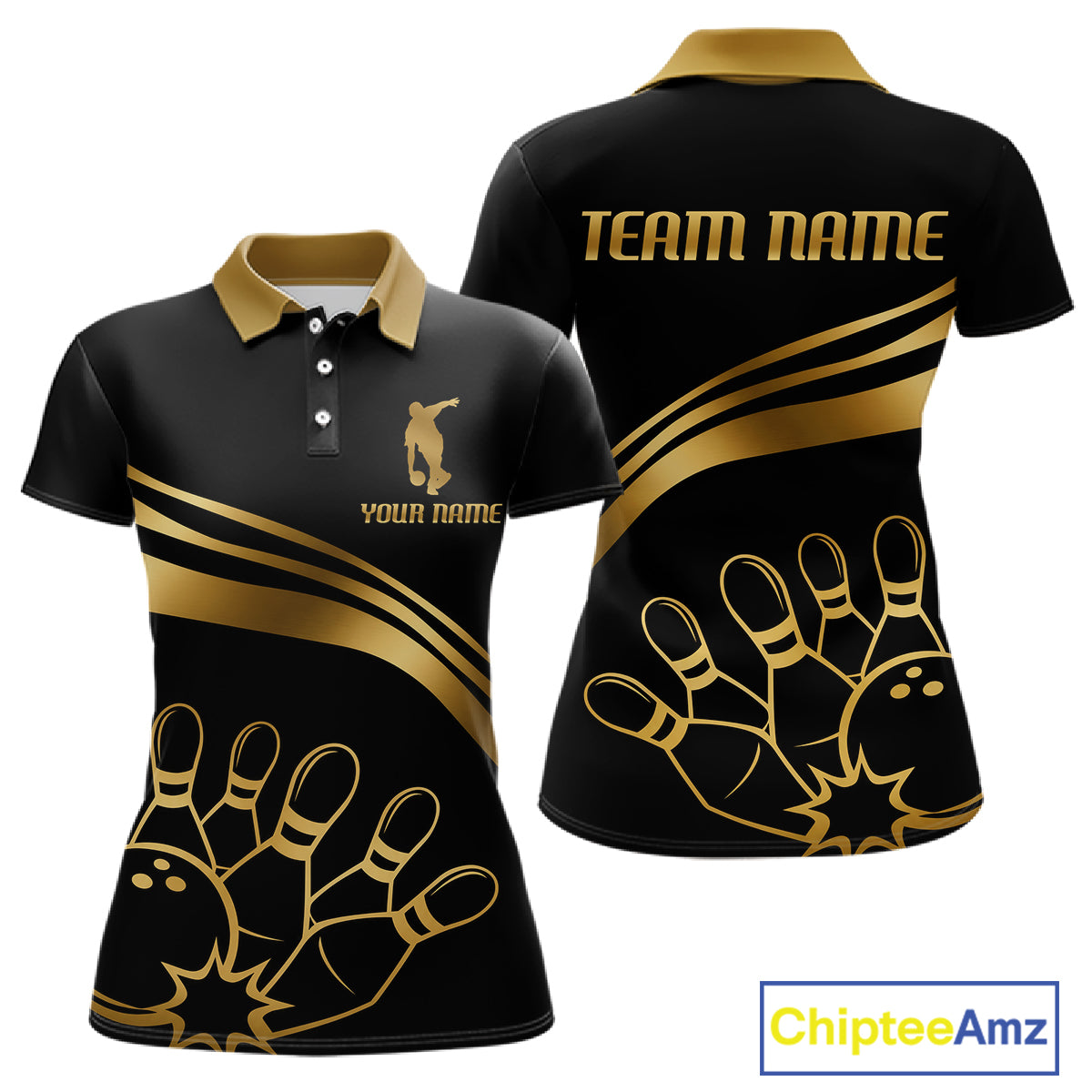 Black & Gold Bowling Ball Pins Custom Bowling Team Shirt Polo & Quarter-Zip Bowling Jersey QZT1260