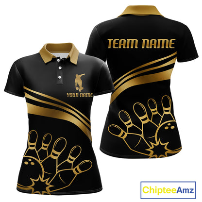Black & Gold Bowling Ball Pins Custom Bowling Team Shirt Polo & Quarter-Zip Bowling Jersey QZT1260