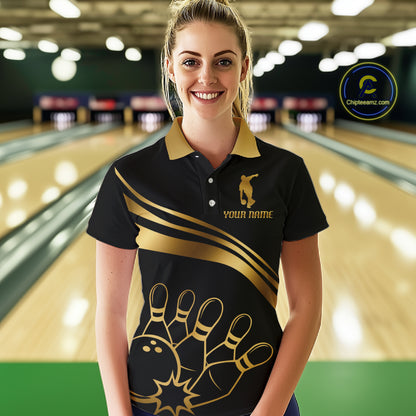 Black & Gold Bowling Ball Pins Custom Bowling Team Shirt Polo & Quarter-Zip Bowling Jersey QZT1260