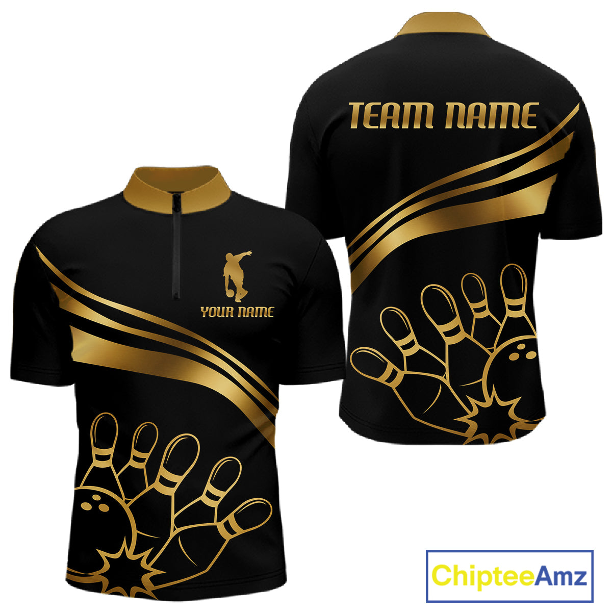 Black & Gold Bowling Ball Pins Custom Bowling Team Shirt Polo & Quarter-Zip Bowling Jersey QZT1260
