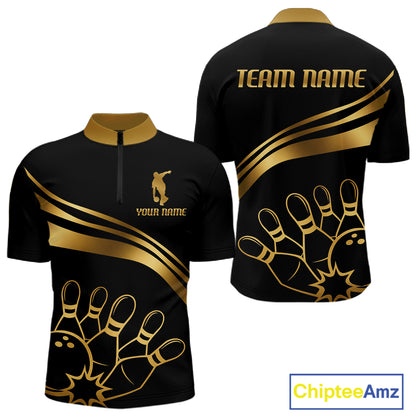 Black & Gold Bowling Ball Pins Custom Bowling Team Shirt Polo & Quarter-Zip Bowling Jersey QZT1260