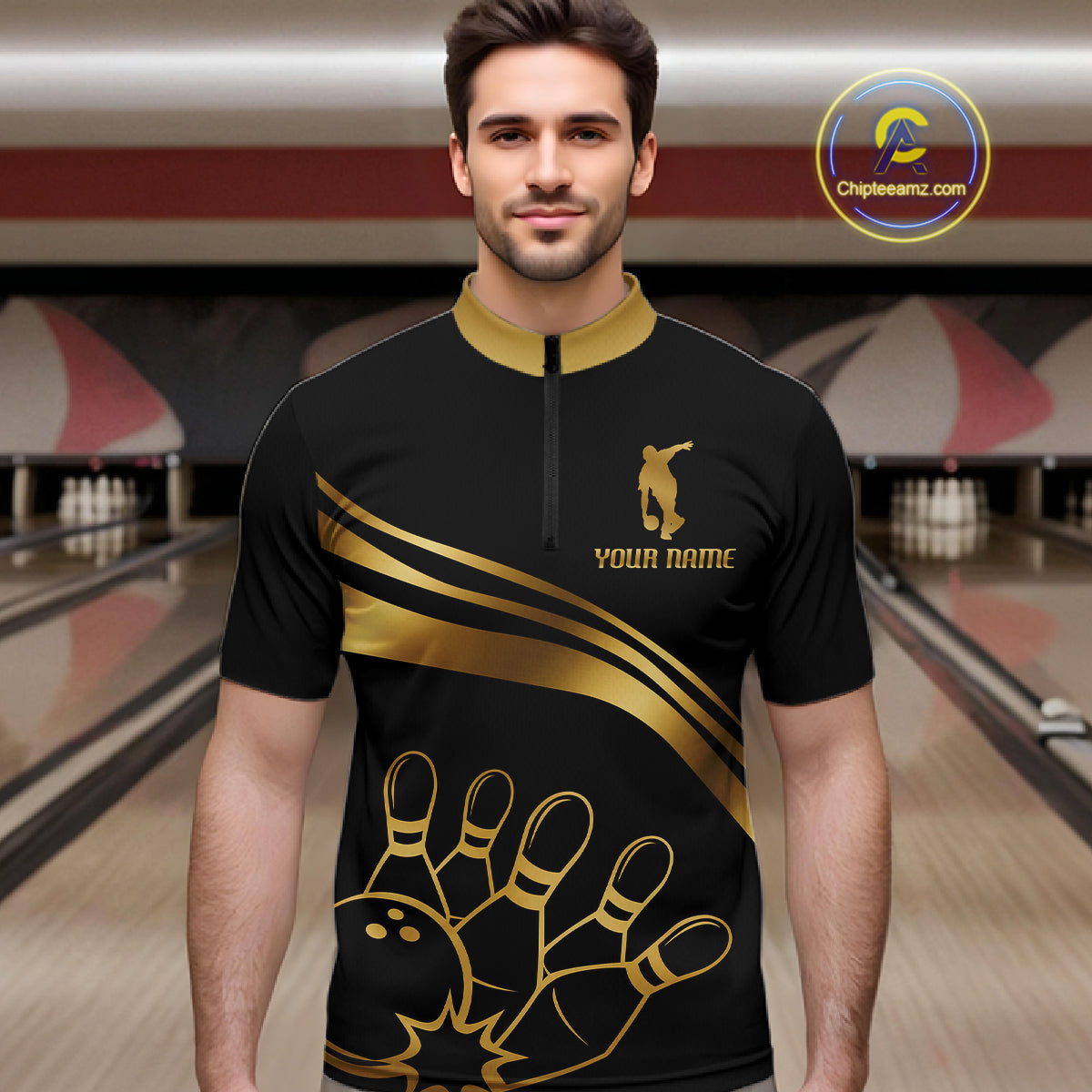 Black & Gold Bowling Ball Pins Custom Bowling Team Shirt Polo & Quarter-Zip Bowling Jersey QZT1260