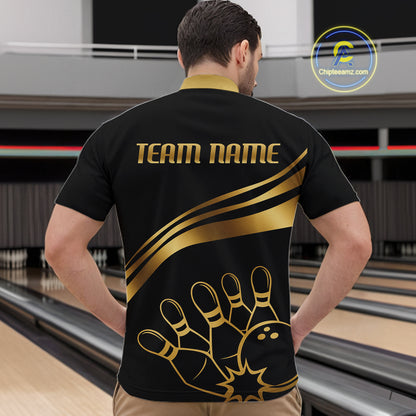 Black & Gold Bowling Ball Pins Custom Bowling Team Shirt Polo & Quarter-Zip Bowling Jersey QZT1260