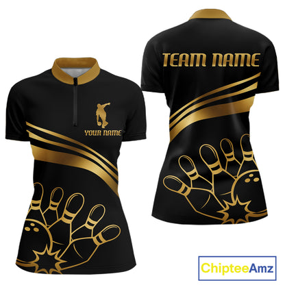 Black & Gold Bowling Ball Pins Custom Bowling Team Shirt Polo & Quarter-Zip Bowling Jersey QZT1260